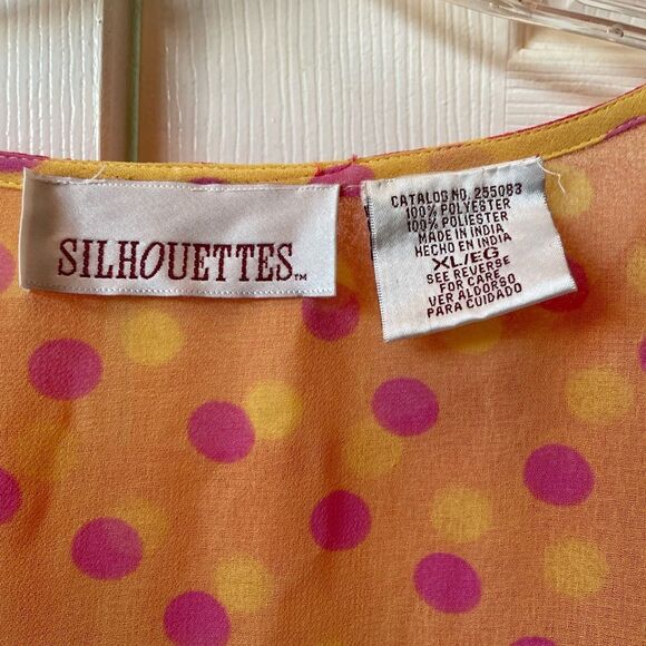 YELLOW-ORANGE-PINK CREPE POLKA DOT REVERSIBLE DRESS SIZE XL BY SILHOUETTES NWT - Picture 8 of 8